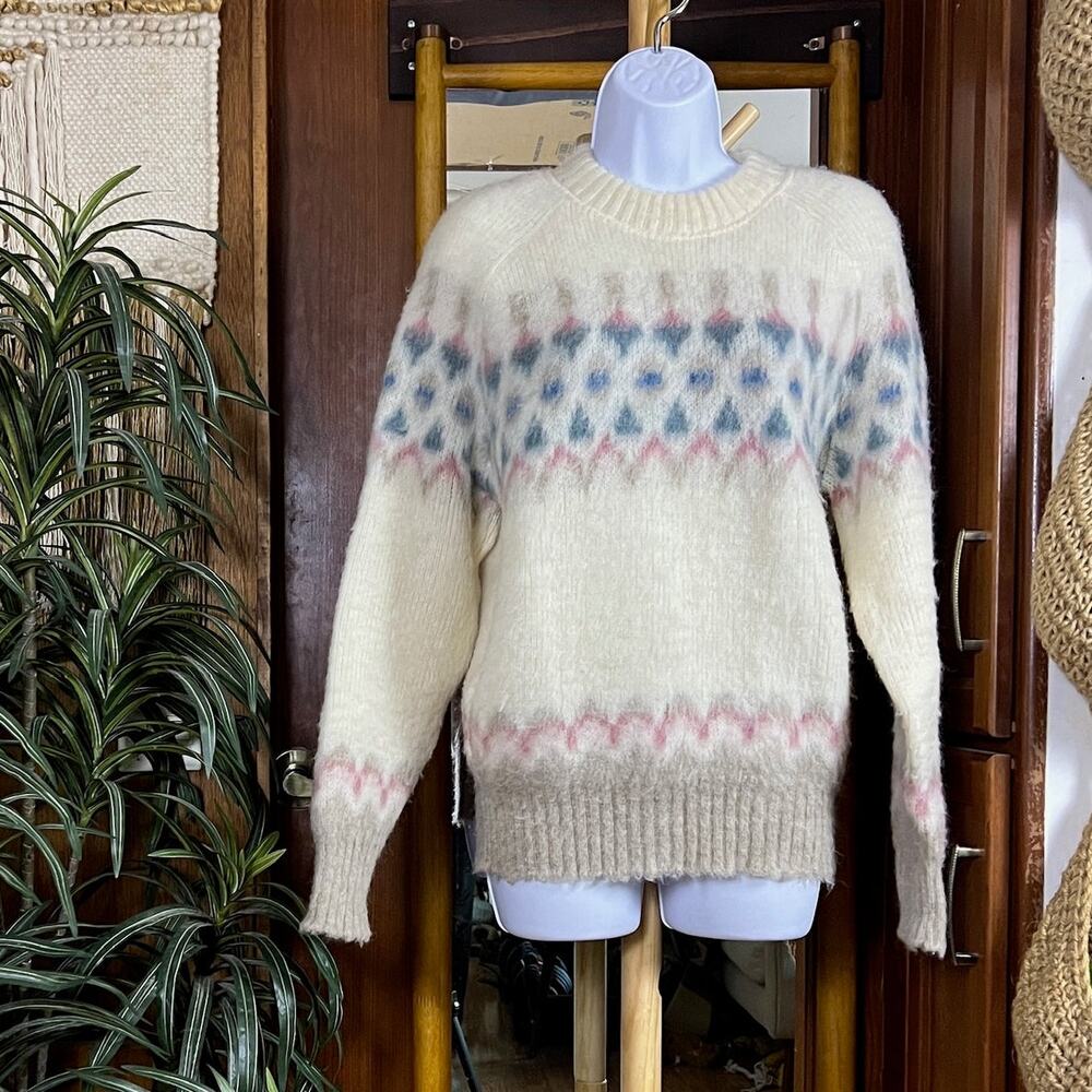 Vintage 80s Eider Knit Fair Isle Sweater L Iceland 100% Wool Nordic Ivory Pastel